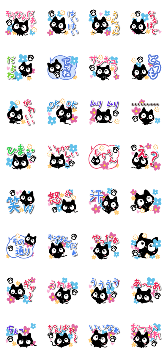 クロネコと花【感情・簡単返信編】のスタンプ詳細